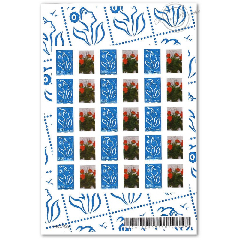 FEUILLE TIMBRES PERSONNALISES N°3966A AUTOADHESIFS MARIANNE LAMOUCHE BLEUE, VIGNETTE BOUQUET DE ROSES