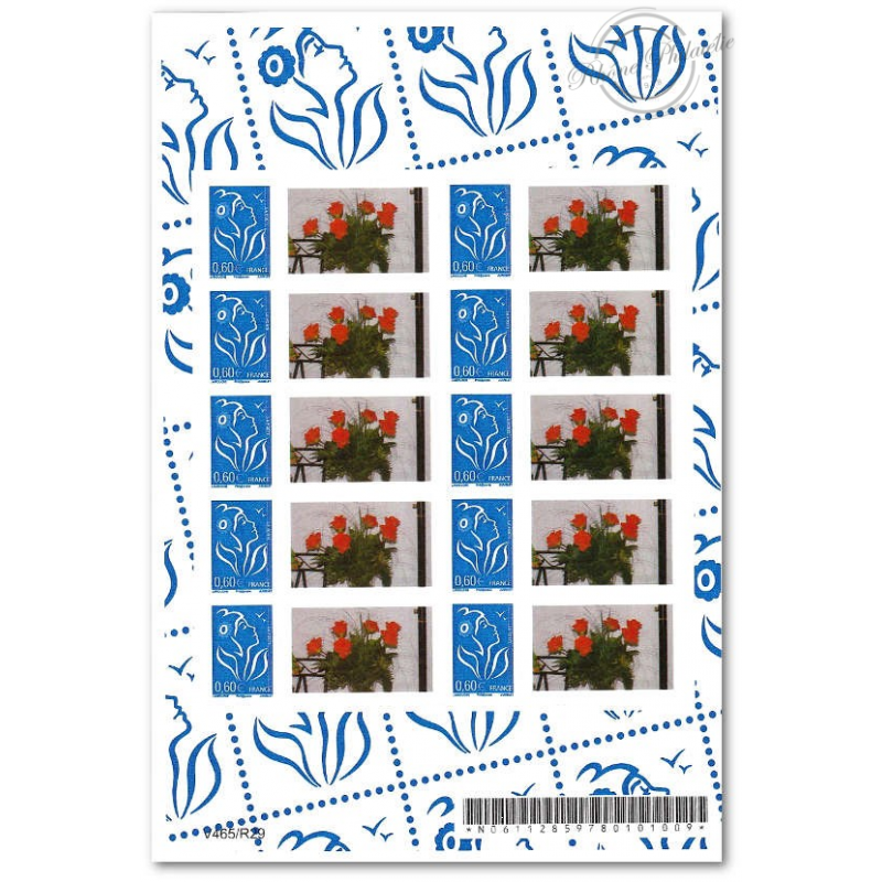 FEUILLE TIMBRES PERSONNALISES N°3966A AUTOADHESIFS MARIANNE LAMOUCHE BLEUE, GRANDES VIGNETTE