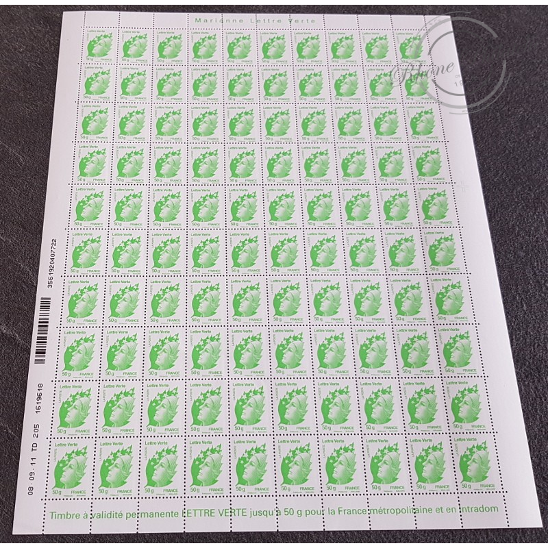 FEUILLE DE 100 TIMBRES No4594 MARIANNE DE BEAUJARD (2011) LETTRE VERTE 50G