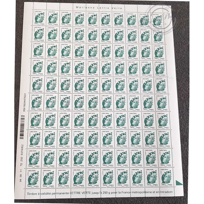 FEUILLE DE 100 TIMBRES No4596 MARIANNE DE BEAUJARD (2011) LETTRE VERTE 250G