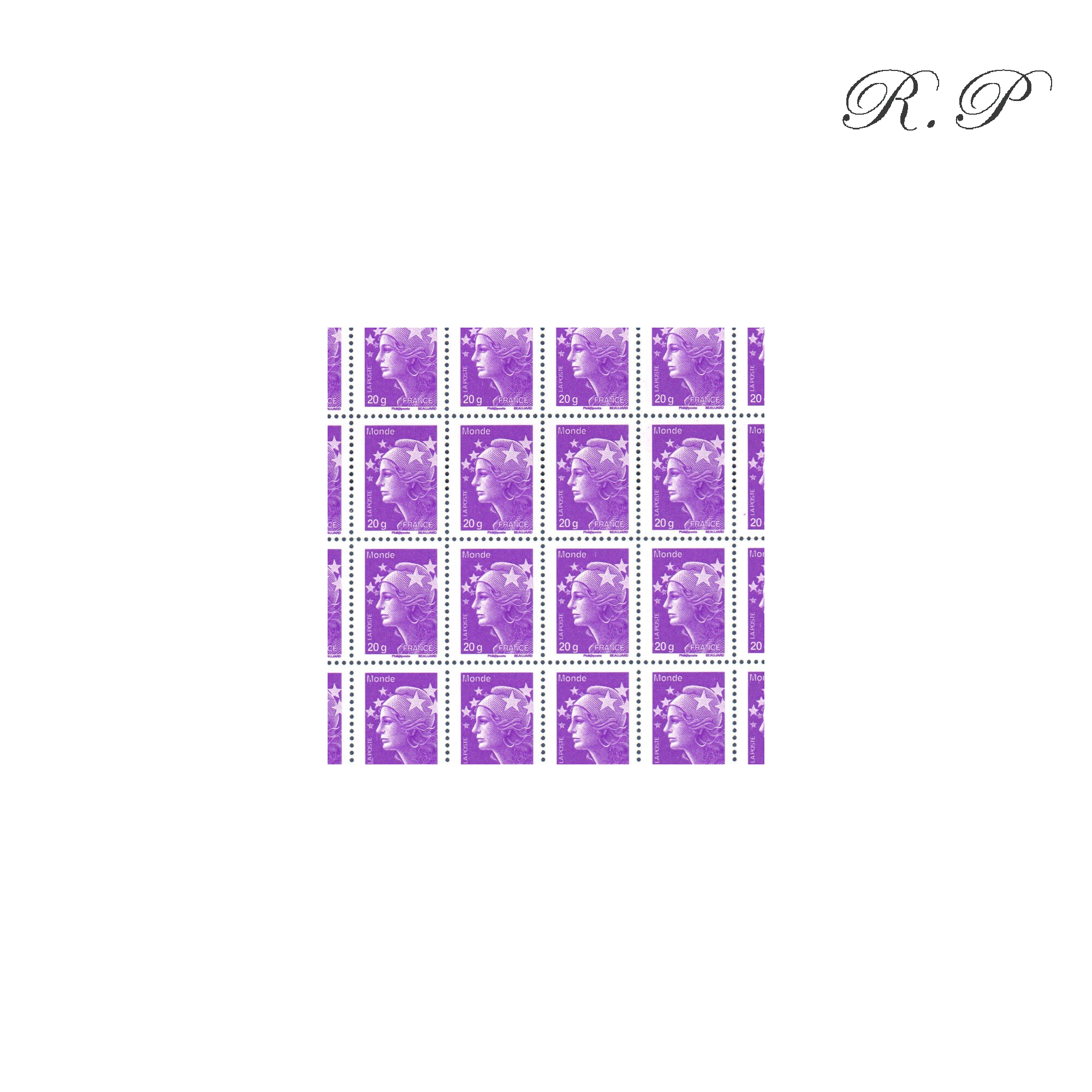 FEUILLE TIMBRES POSTE No4568 MARIANNE DE BEAUJARD (2011) VIOLET LETTRE 20G MONDE