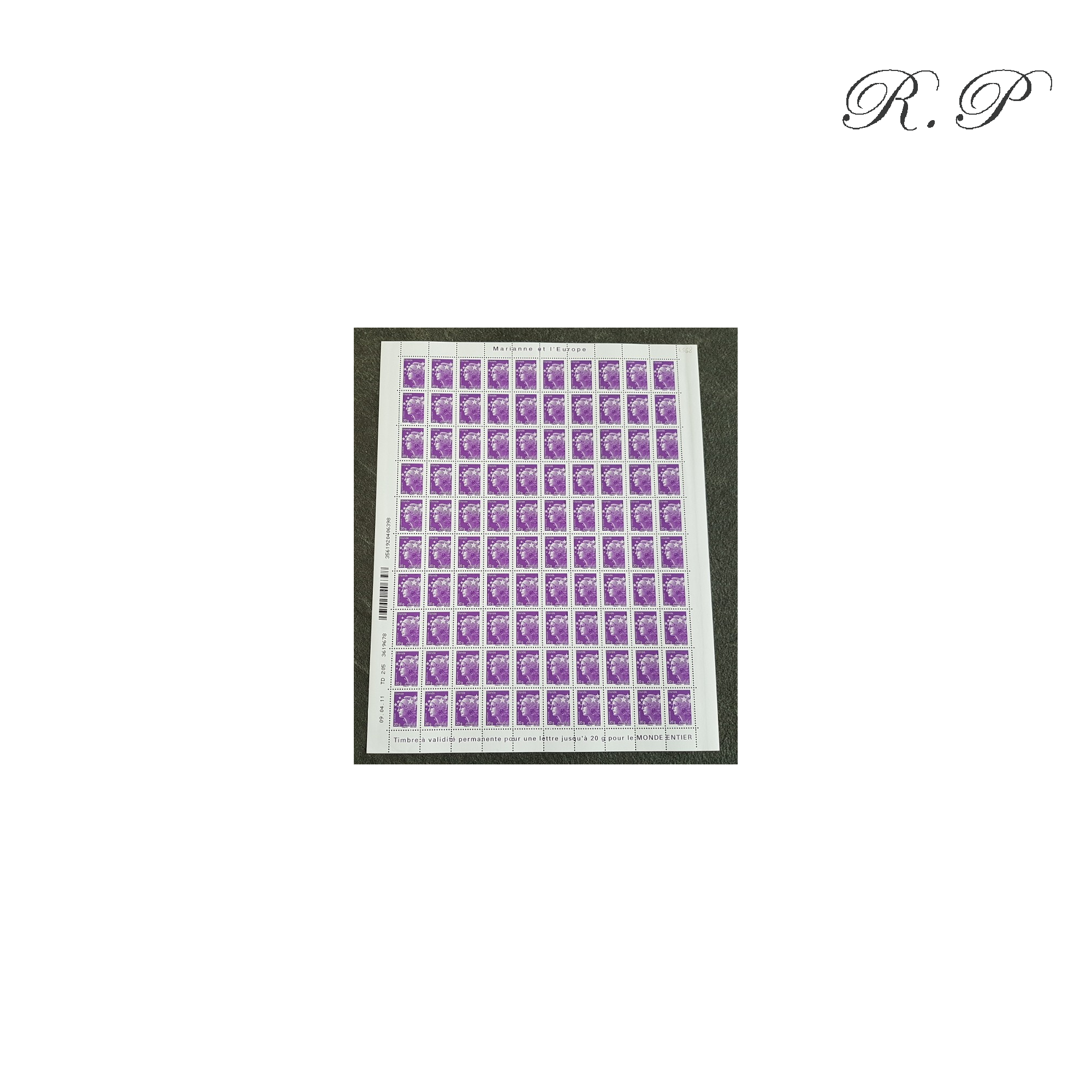 FEUILLE TIMBRES POSTE No4568 MARIANNE DE BEAUJARD (2011) VIOLET LETTRE 20G MONDE