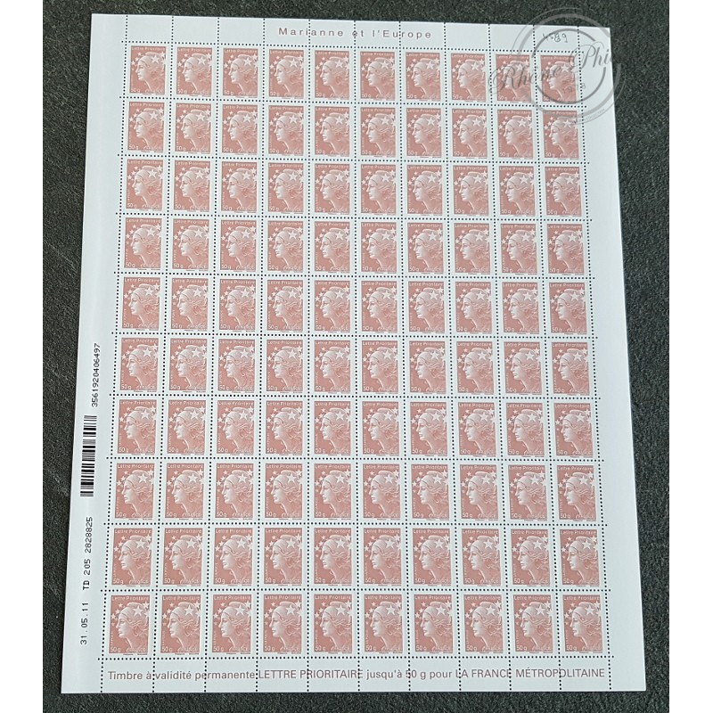 FEUILLE TIMBRES POSTE No4569 MARIANNE DE BEAUJARD (2011) LILAS BRUN LETTRE 50G