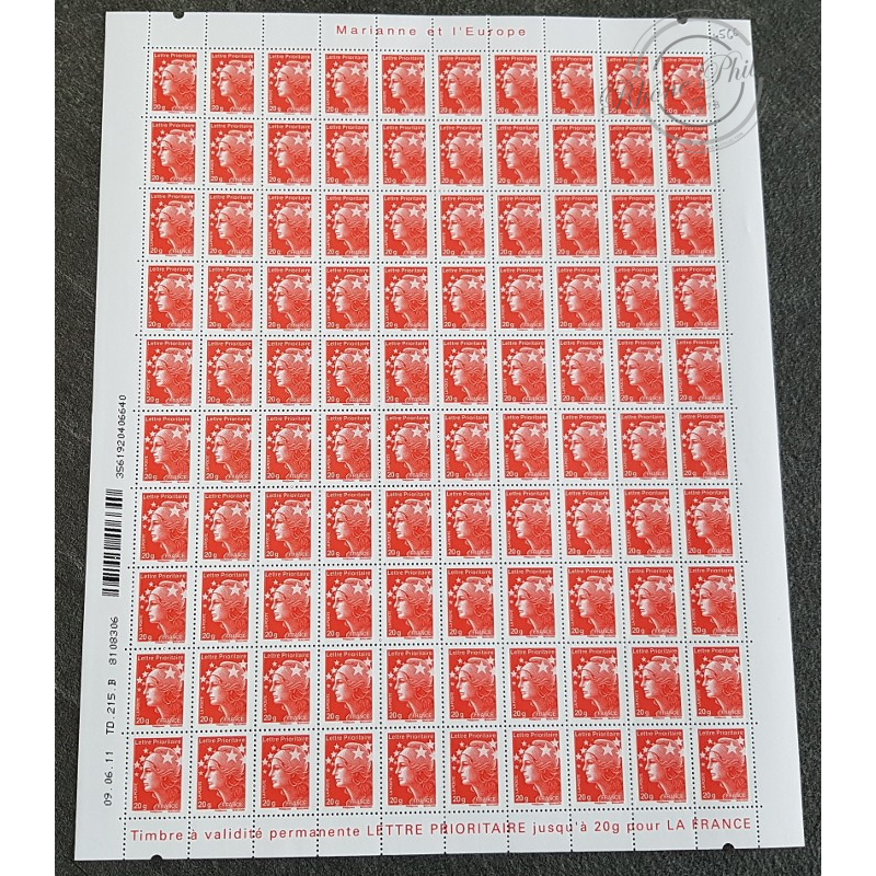 FEUILLE COMPLETE No4566 MARIANNE ROUGE DE BEAUJARD (2011) POUR LETTRE 20G