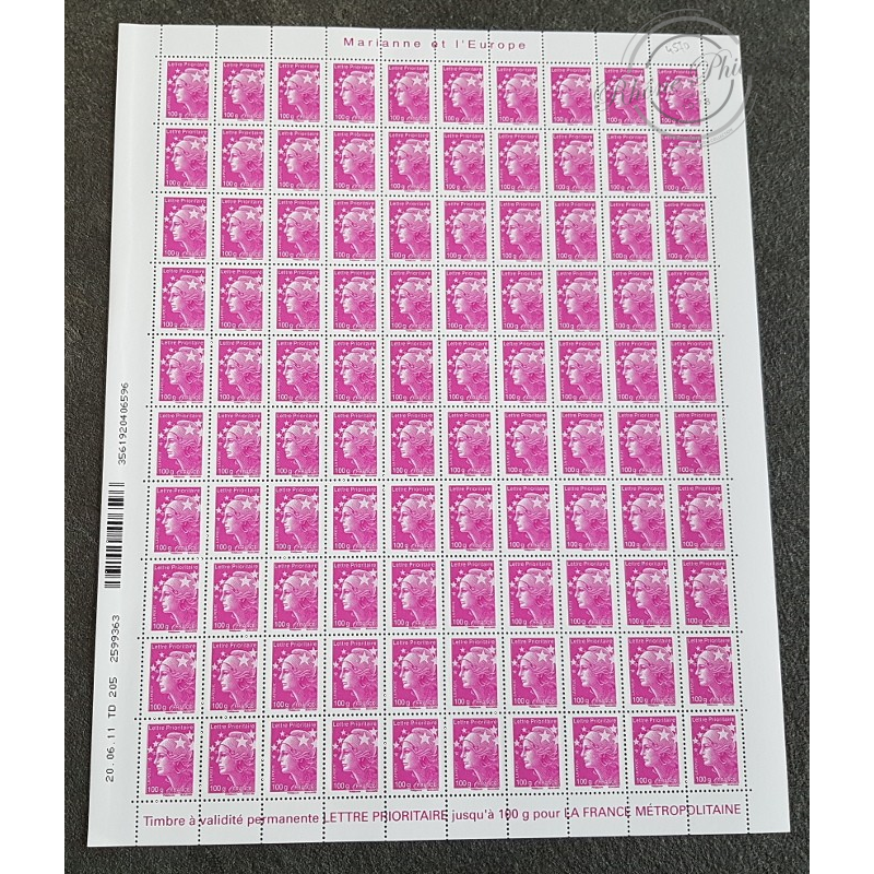 FEUILLE TIMBRES POSTE No4570 MARIANNE DE BEAUJARD (2011) ROSE LILAS LETTRE 100G