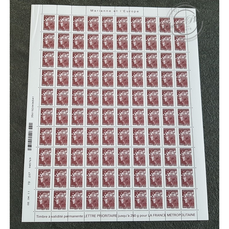 FEUILLES TIMBRES POSTE No4571 MARIANNE DE BEAUJARD (2011) BRUN PRUNE LETTRE 250G