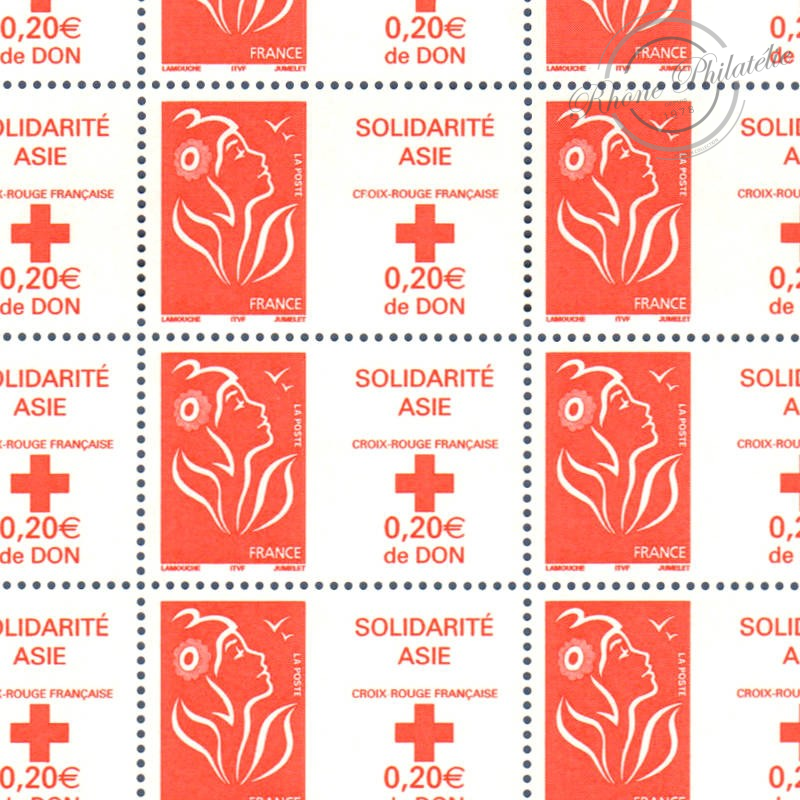 FEUILLE TIMBRES POSTE N°3745 MARIANNE ROUGE DE LAMOUCHE SOLIDARITE ASIE (2005)