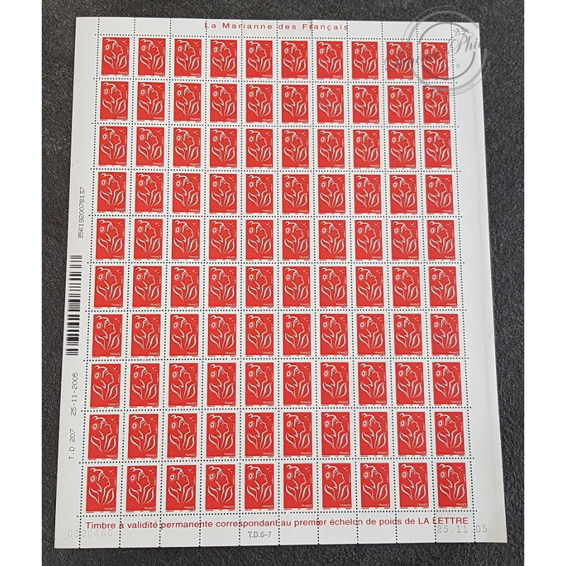 FEUILLET DE 100 TIMBRES POSTE No3734 MARIANNE ROUGE DE LAMOUCHE (2005)
