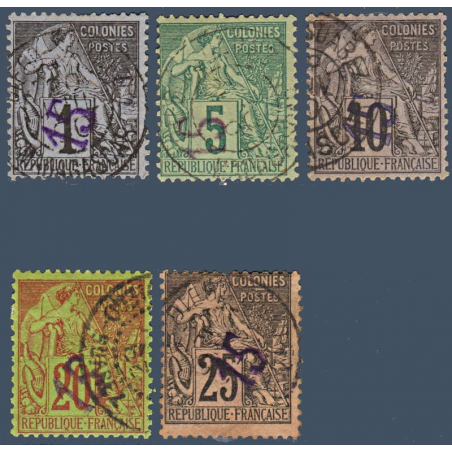 DIEGO SUAREZ N°_1 A 5 TYPE ALPHÉE DUBOIS SURCHARGÉS, TIMBRES OBLITÉRÉS 1890