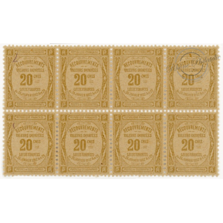 FEUILLE DE 8 TIMBRES TAXE N°_45 RECOUVREMENTS 20C BISTRE, TIMBRE NEUF **