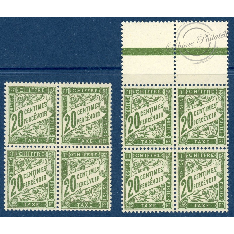 2 BLOC DE 4 TIMBRES N°_31 TIMBRES TAXE 20c OLIVE, OLIVE FONCÉ NEUF **, 1926