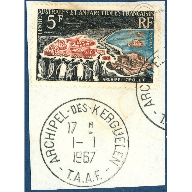 TAAF N°20 ARCHIPEL CROZET, TIMBRE POSTE DE 1963 OBLITERE 1ER JOUR SUR FRAGMENT