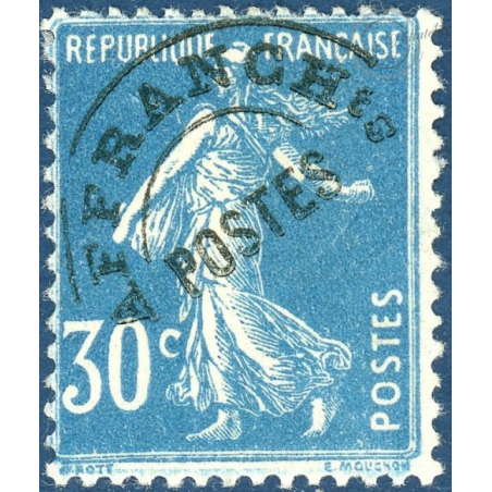 FRANCE PREOBLITERE N°60 TYPE SEMEUSE FOND PLEIN 30C BLEU, TIMBRE NEUF* 1922-47