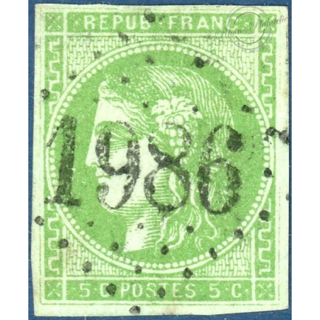 FRANCE N° 42B TYPE CÉRÈS 5C VERT-JAUNE, TIMBRE OBLITÉRÉ, 1870