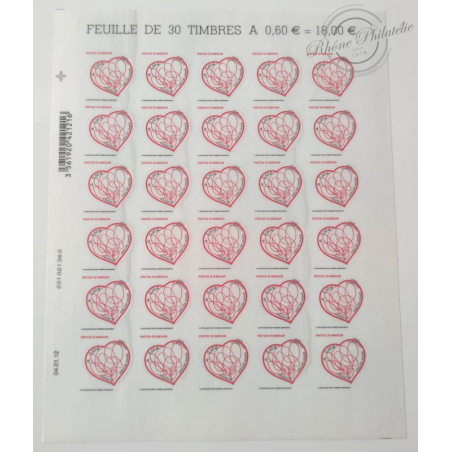 FEUILLE "COEURS PATCH D'AMOUR", TIMBRES ST VALENTIN AUTOADHESIFS N°648