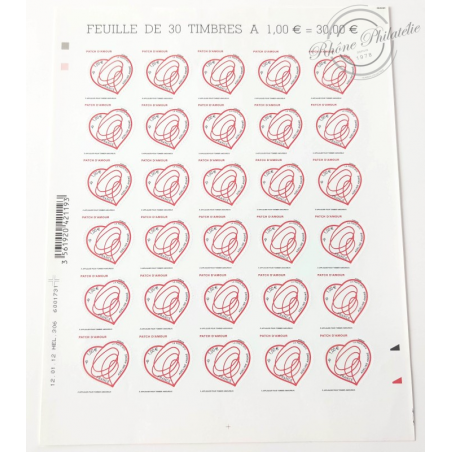 FEUILLE TIMBRES POSTE AUTOADHESIFS 649 COEURS 2012 PATCH D'AMOUR ADELINE ANDRE