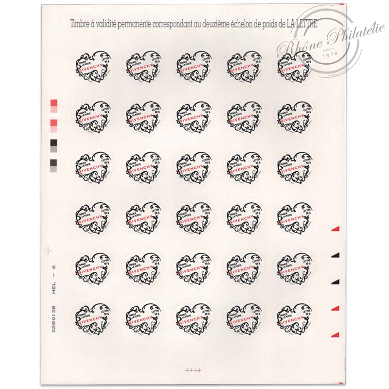 FEUILLE TIMBRES POSTE AUTOADHÉSIFS N°103 CŒURS 2007 GIVENCHY POUR LETTRE 50G