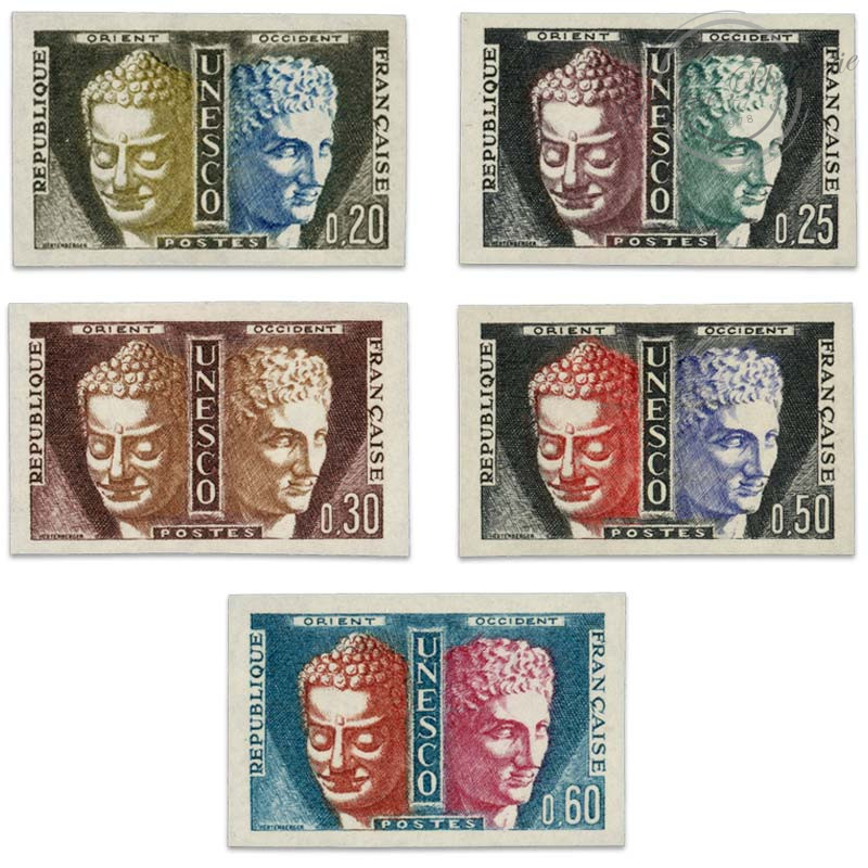 FRANCE SERVICE N°22 À 26 SÉRIE SERVICE DE L'UNESCO, TIMBRES NON DENTELÉS-1960-65
