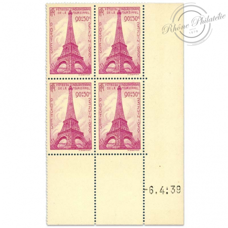 FRANCE TIMBRES N°429 TOUR EIFFEL, COIN DATÉ NEUF-1939