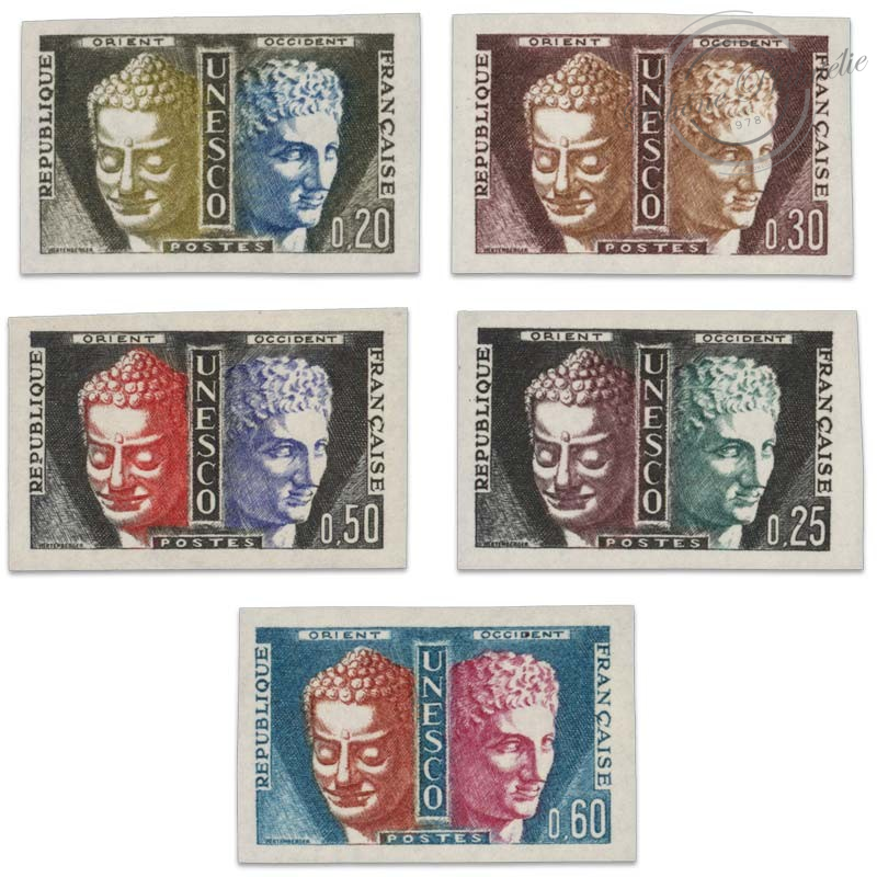 FRANCE SERVICE N°22 À 26 SÉRIE SERVICE DE L'UNESCO, TIMBRES NON DENTELÉS, 1960-65