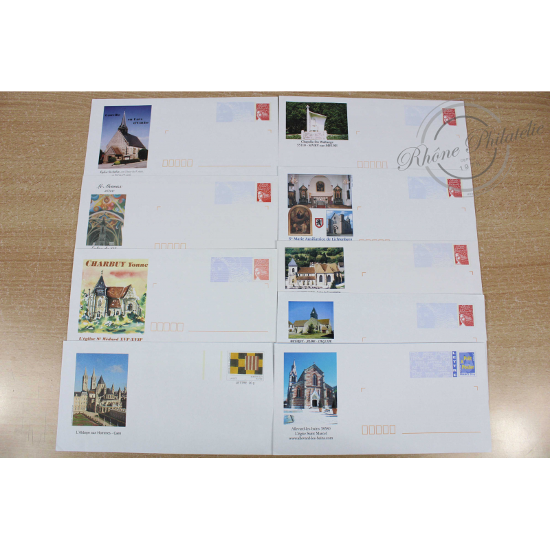 LOT DE 59 ENVELOPPES, PRÉ-AFFRANCHIES, EDIFICES RELIGIEUX, LETTRES 20G