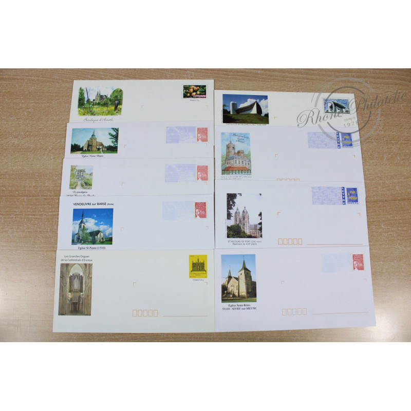 LOT DE 59 ENVELOPPES, PRÉ-AFFRANCHIES, EDIFICES RELIGIEUX, LETTRES 20G