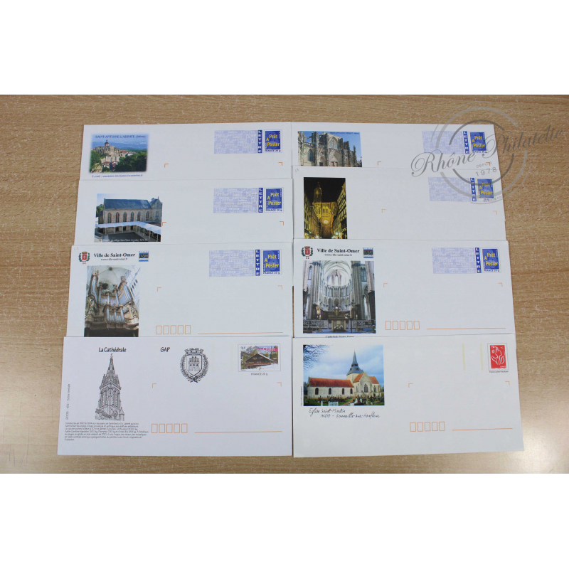 LOT DE 59 ENVELOPPES, PRÉ-AFFRANCHIES, EDIFICES RELIGIEUX, LETTRES 20G