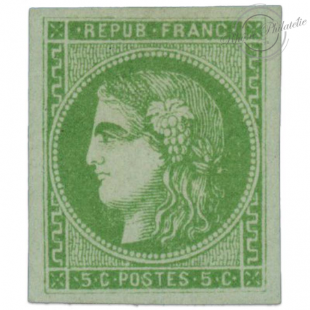 FRANCE, N°42B TYPE CÉRÈS 5 C VERT-JAUNE, MAGNIFIQUE TIMBRE NEUF* ET SIGNÉ-1870