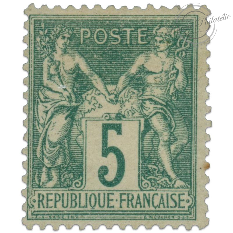 FRANCE N°64 TYPE SAGE 5c. VERT, TIMBRE NEUF* SIGNÉ JF BRUN, 1876