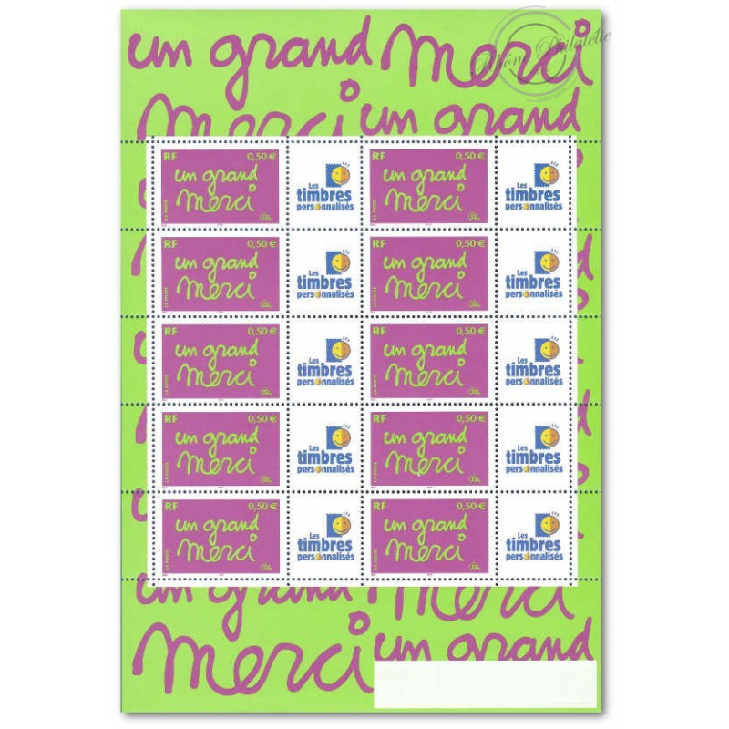 FEUILLE TIMBRES MESSAGE BEN, GRAND MERCI 3637A VIGNETTE TIMBRES PERSONNALISES GB