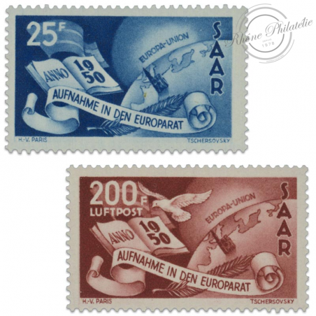 SARRE N°277 + POSTE AÉRIENNE N°13 ADMISSION CONSEIL EUROPE, TIMBRES NEUFS-1950