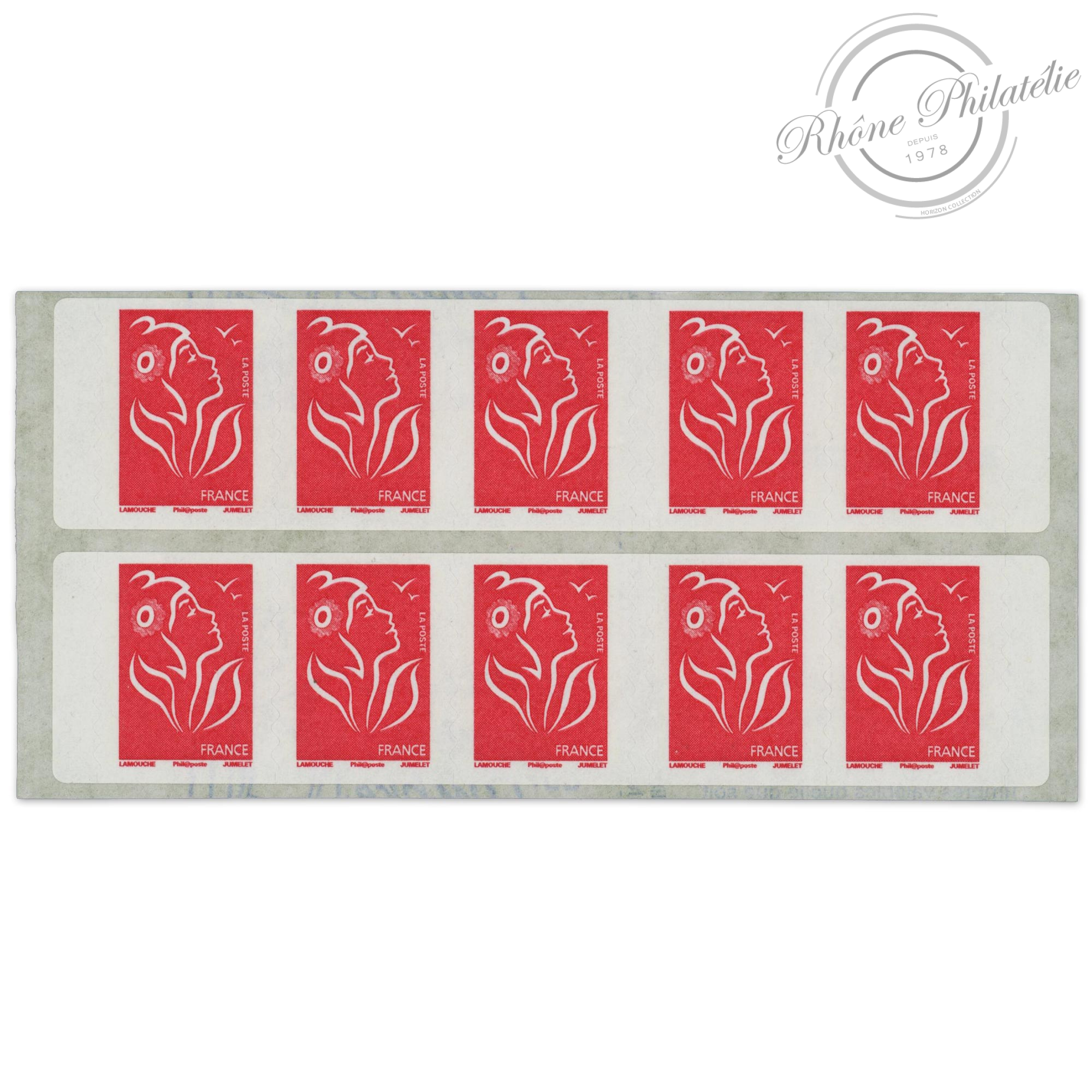 CARNET N°3744A-C2A VARIÉTÉ DÉCOUPAGE VERSO, MARIANNE ROUGE DE LAMOUCHE 10 TIMBRES