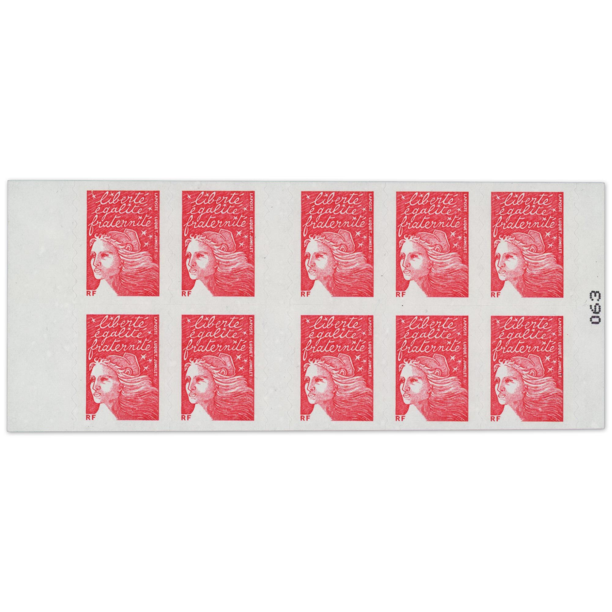CARNET N°3419-C16c IMPRIMÉ A SEC, 10 TIMBRES MARIANNE ROUGE DU 14 JUILLET, SIGNÉ CALVES