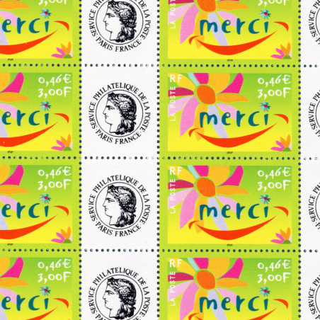 FEUILLE FRANCE F3433Aa HELIO TIMBRES "MERCI" AVEC VIGNETTE CERES