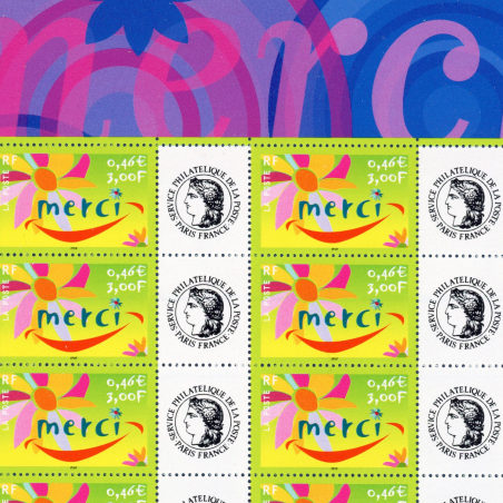 FEUILLE FRANCE F3433Aa HELIO TIMBRES "MERCI" AVEC VIGNETTE CERES