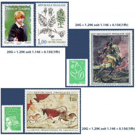 LOT DE 50 AFFRANCHISSEMENTS POUR LETTRES 20G FRANCE AVEC 2 TIMBRES