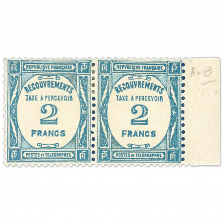 FRANCE PAIRE DE TIMBRES TAXES N° 61 RECOUVREMENTS, 2fr BLEU NEUFS* 1927-1931