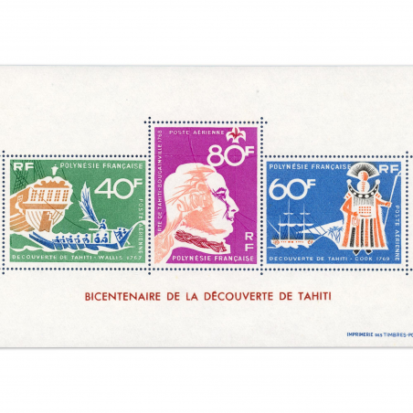 POLYNESIE BLOC N°1 BICENTENAIRE DÉCOUVERTE DE TAHITI, TIMBRES NEUFS** DE 1968