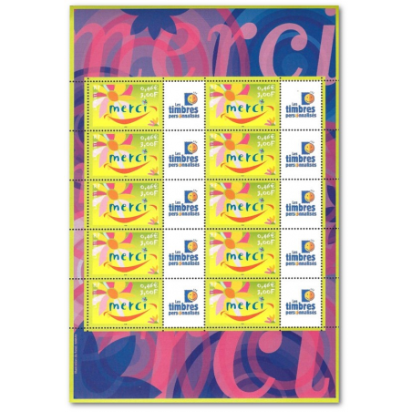 FEUILLE FRANCE F3433A OFFSET TIMBRES "MERCI" AVEC VIGNETTE TIMBRES PERSONNALISÉS