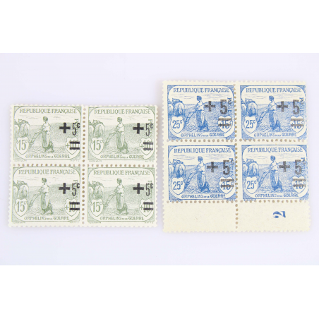 FRANCE N° 164/165/166/168/169 ORPHELINS SURCHARGÉS BLOCS 4 TIMBRES NEUFS** 1922