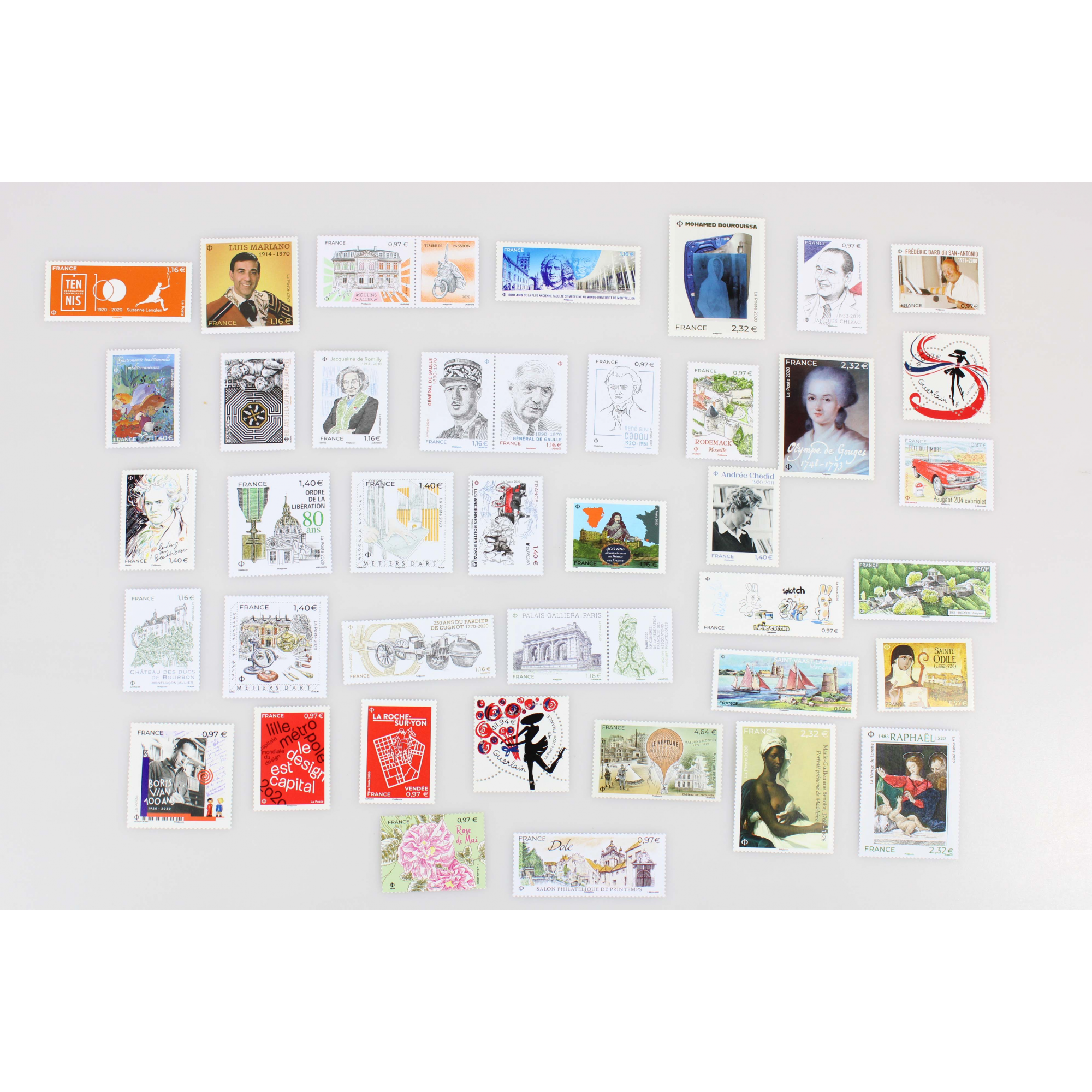 LOT DE FRANCE ANNÉE 2020 TIMBRES POSTE NEUFS**, VALEUR FACIALE 53 EUROS