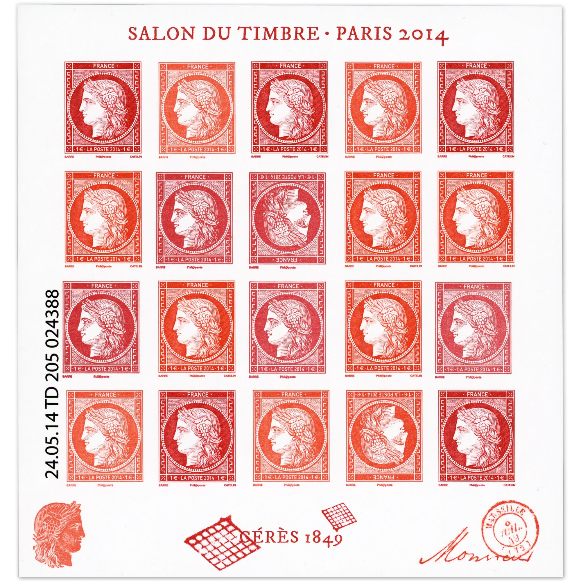 FEUILLET FRANCE N° F4871 SALON DU TIMBRE 2014, TIMBRES CÉRÈS 1849 NON DENTELÉS