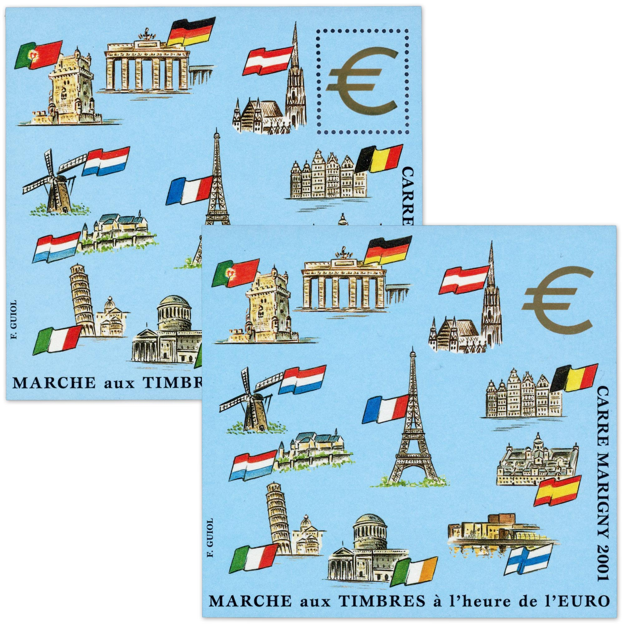 BLOCS SOUVENIRS CARRÉ DE MARIGNY N° 13 L'EURO PAR F. GUIOL, 2 BLOCS NEUFS** 2001