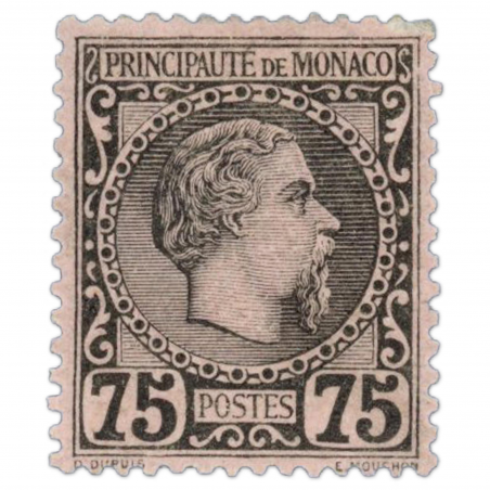 MONACO N° 8 PRINCE CHARLES 3 COTE 450 EUROS TIMBRE NEUF* ANNEE 1885 75c NOIR