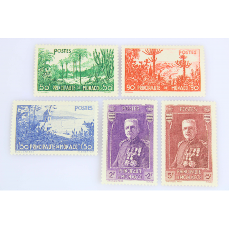 MONACO SÉRIE TIMBRES N° 135 A 139 JARDINS ET EFFIGIE, NEUFS** QUALITÉ LUXE 1937