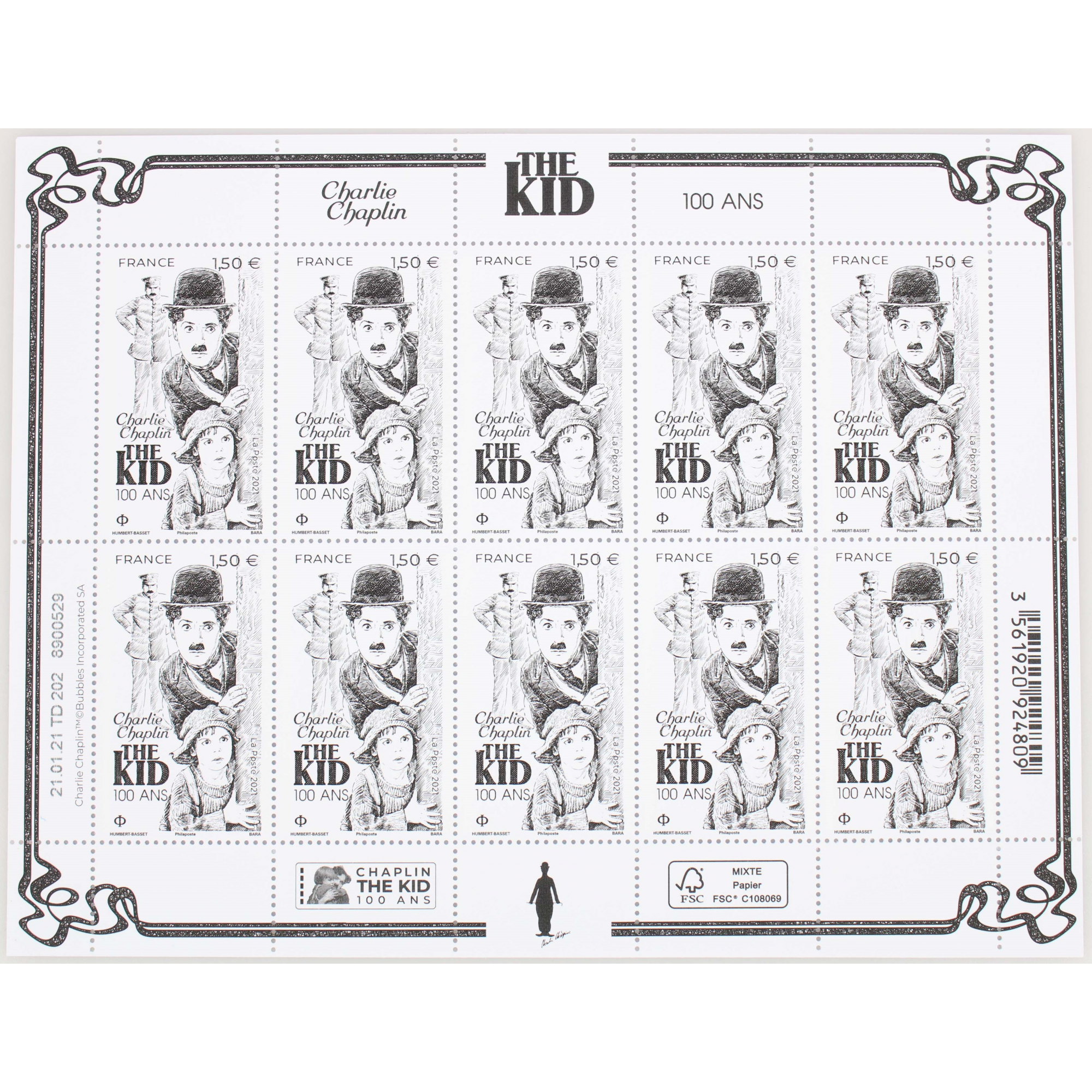 FEUILLET DE FRANCE - CHARLIE CHAPLIN THE KID N° F15 ANNÉE 2021 - TIMBRES NEUFS**