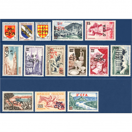 RÉUNION SÉRIE N° 307 A 319, TIMBRES NEUFS SANS CHARNIÈRE SURCHARGÉS CFA, 1953-54