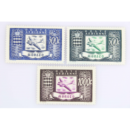 MONACO AVIONS ET ARMOIRIES POSTE AÉRIENNE N° 42 A 44 TIMBRES NEUFS** ANNÉE 1949