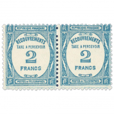 FRANCE TAXE N° 61 RECOUVREMENTS 2f. BLEU, PAIRE DE TIMBRES NEUFS** 1927-31 LUXE