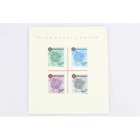 WURTEMBERG BLOC N° 1 CROIX ROUGE SIGNÉ ROUMET TIMBRES NEUFS SANS CHARNIÈRE 1949